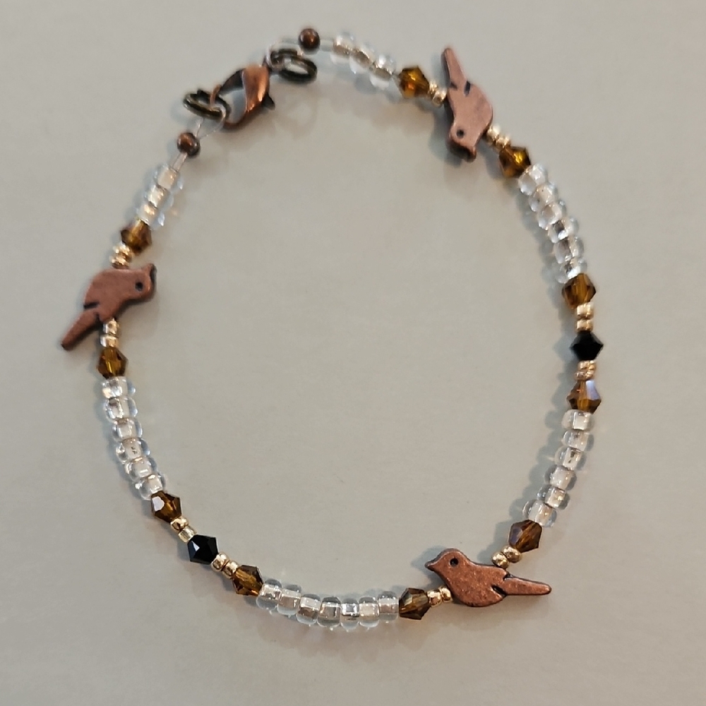 Elegant Bird Charm Bracelet with Crystal Beads (Hand Made) 7 Inches
